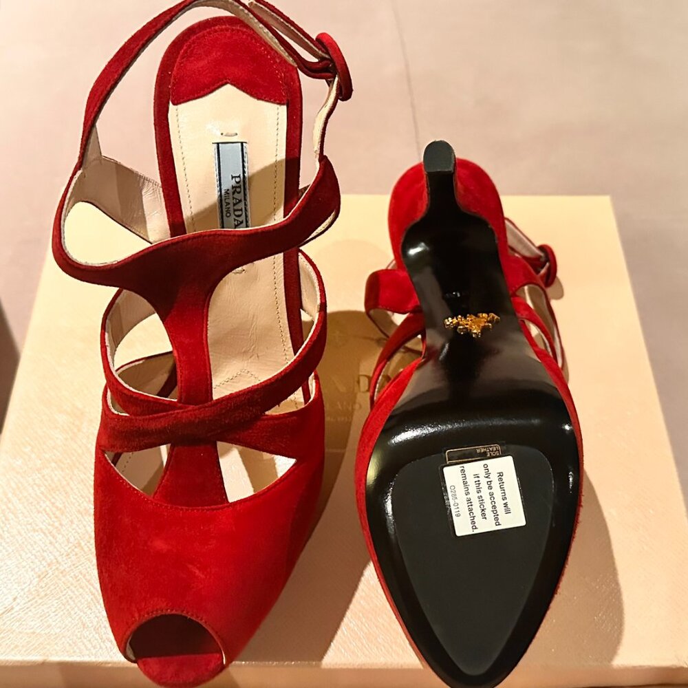 Authentic Prada T-Strap Red Pumps - Size 10 | IT 40 ( Small Fit, More Like 9 )